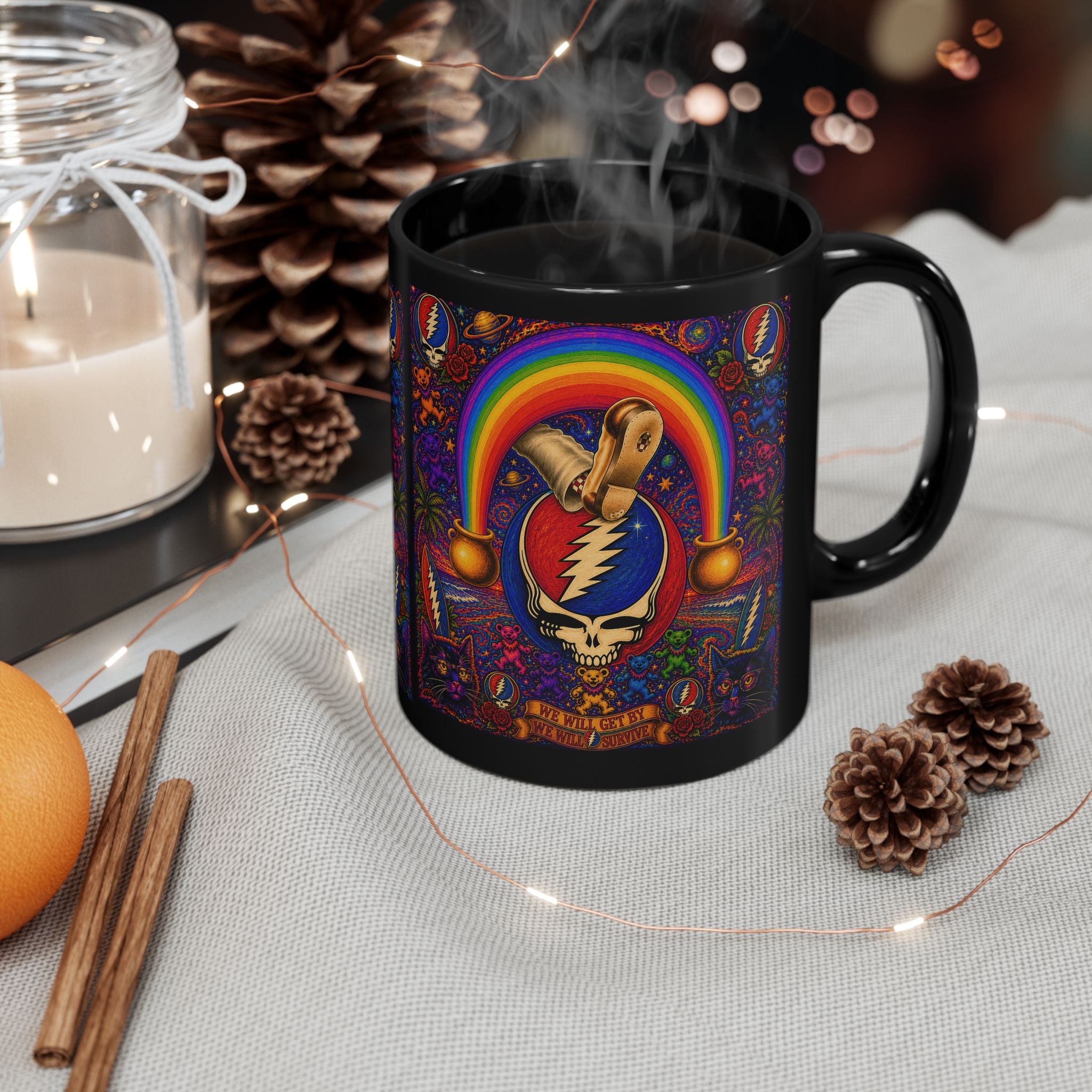Grateful Dead Steal Your Face Rainbow Skull Mug | Black Ceramic Mug