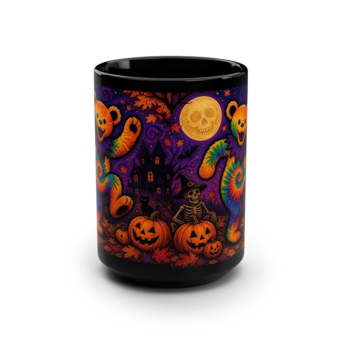 Tie-Dye Dancing Bear Halloween Mug, gift for a deadhead, Grateful Dead,  | 15oz Black Ceramic