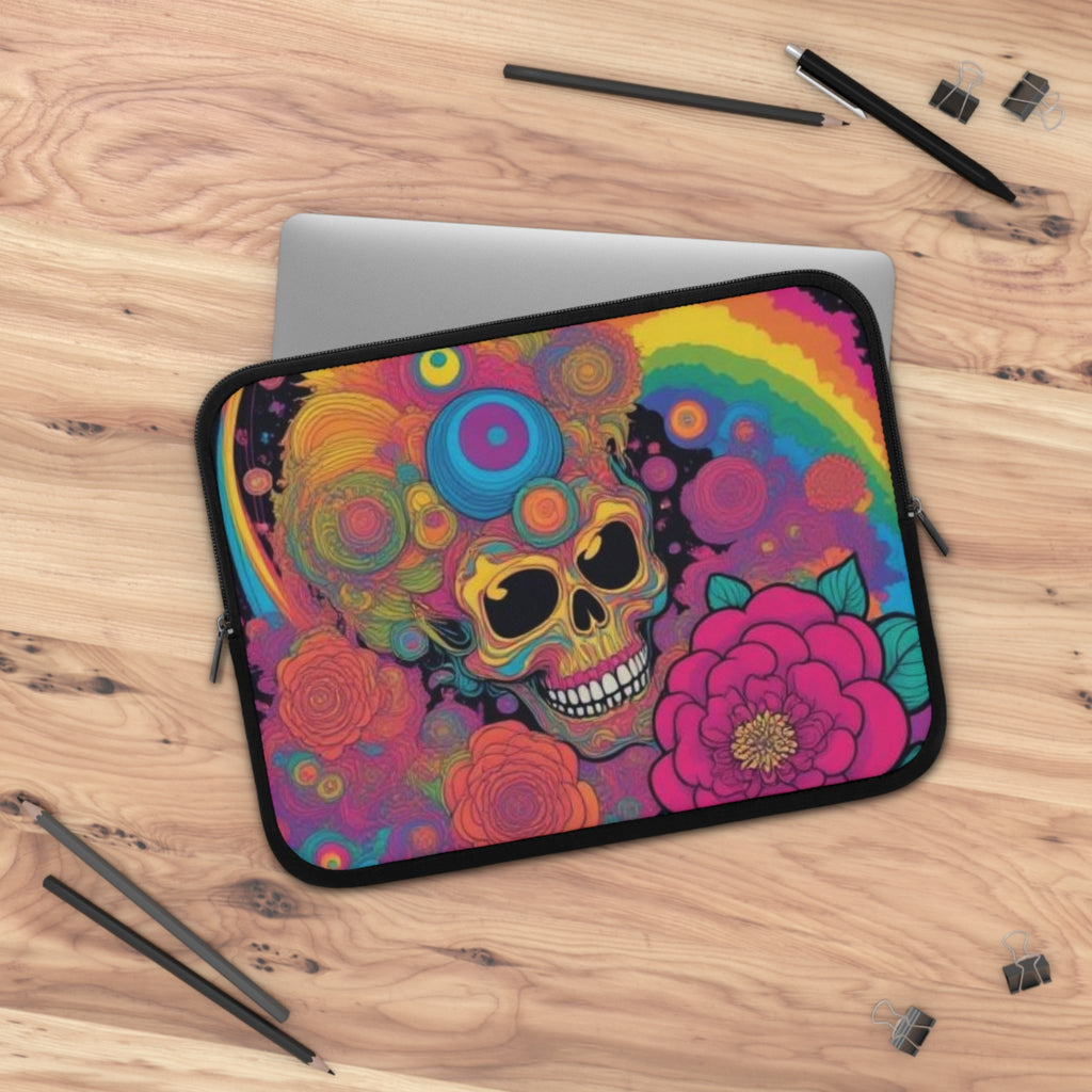 Psychedelic Skull with Flowers Laptop Sleeve | Rainbow Retro Day of the Dead