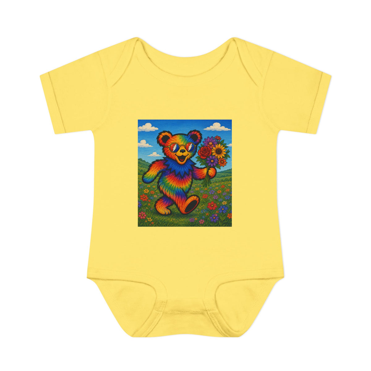 Grateful Dead Rainbow Tie Dye Bear Holding Sunflower Infant Bodysuit