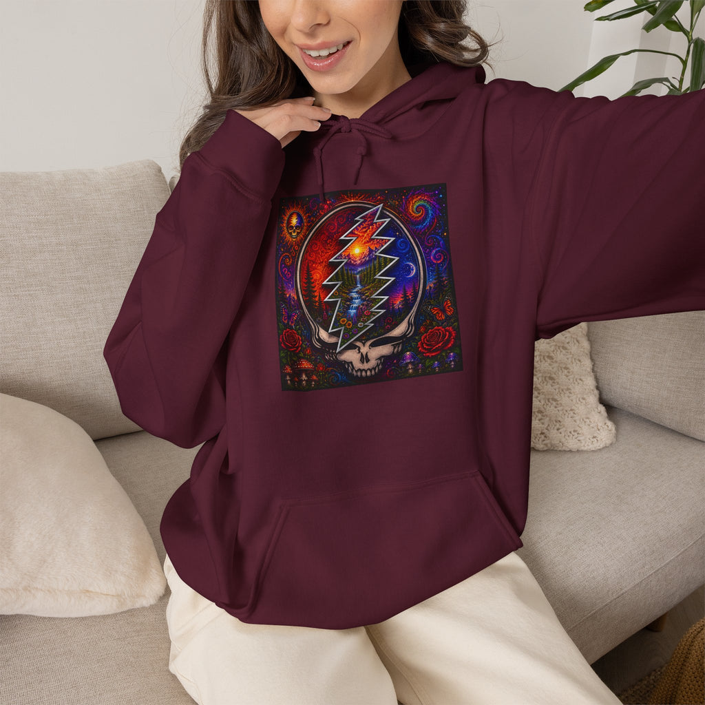Psychedelic Steal Your Face Skull Hoodie | Grateful Dead Lightning Bolt, Rainbow Cosmic Art