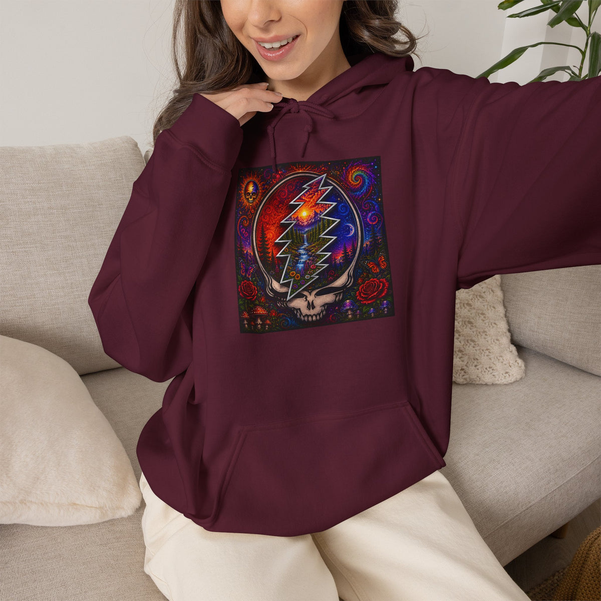 Psychedelic Steal Your Face Skull Hoodie | Grateful Dead Lightning Bolt, Rainbow Cosmic Art