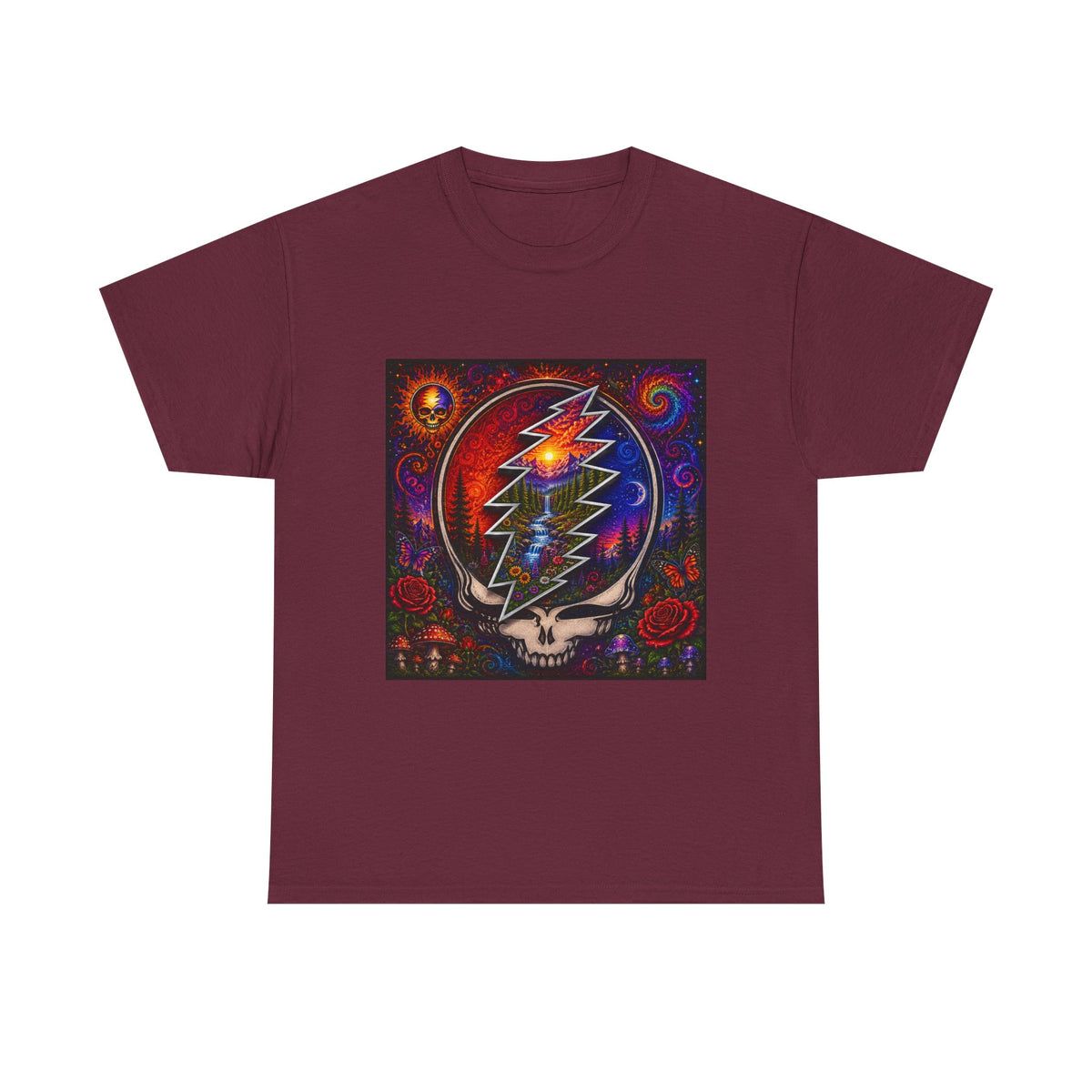 Psychedelic Steal Your Face Skull T-Shirt | Colorful Lightning Rose Grateful Dead Tee