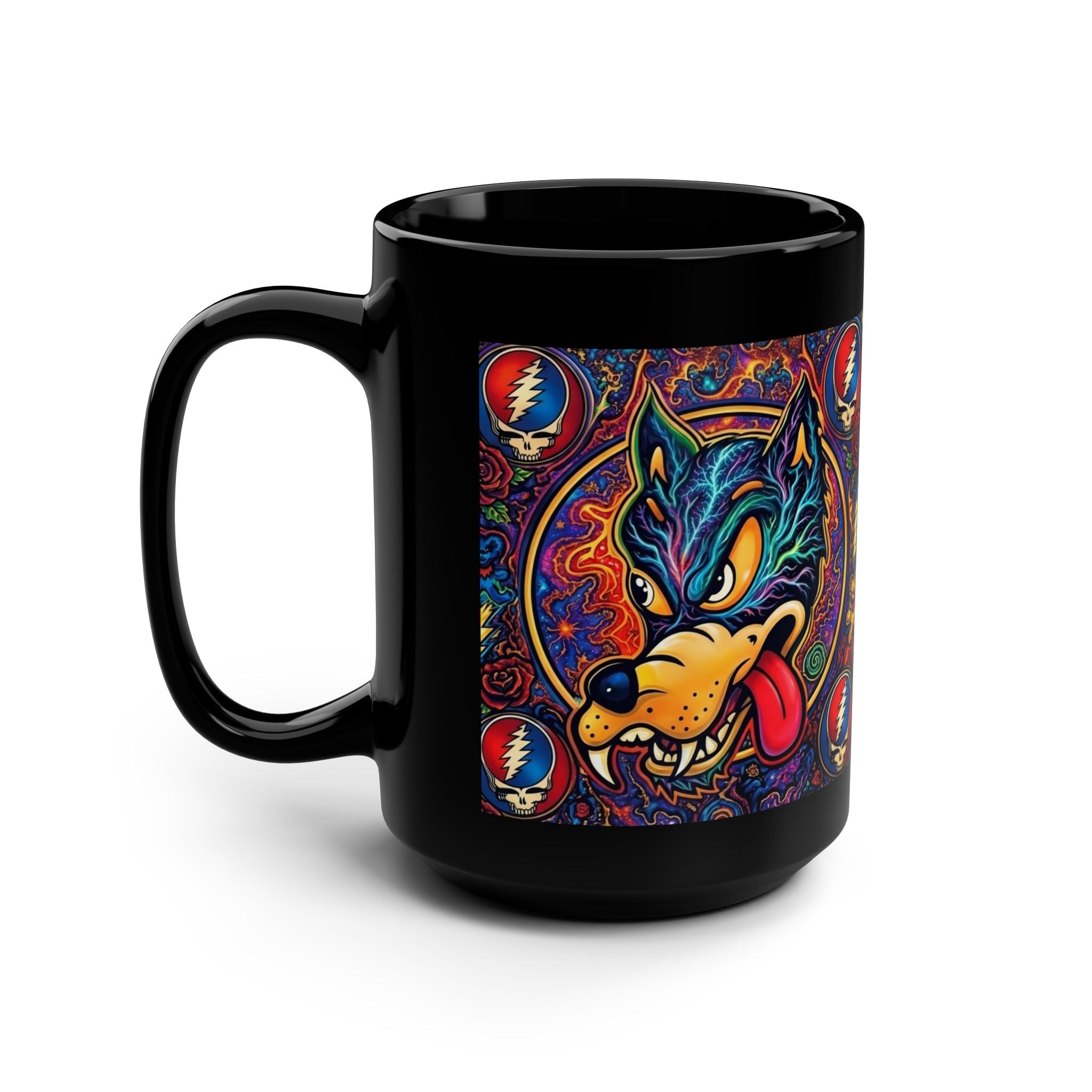 Psychedelic Dire Wolf with Grateful Dead Icons Mug | Black 15oz gift for a deadhead