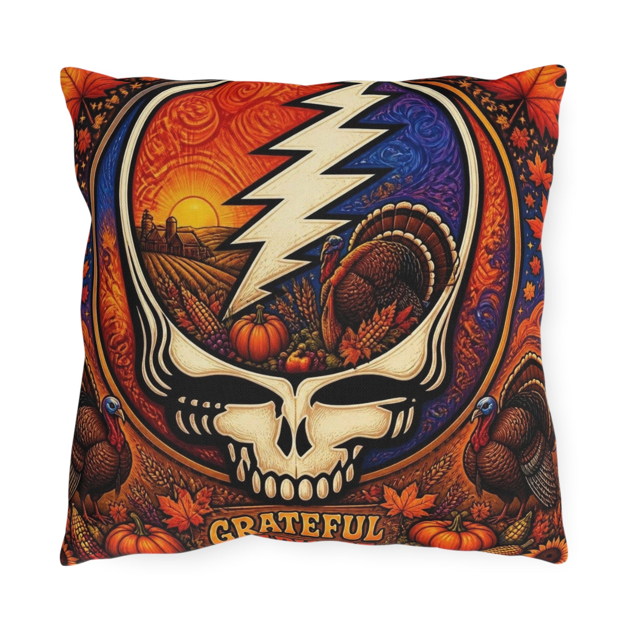 GIFt for a deadhead, pillow for thanksgiving , Grateful Harvest Skull Outdoor Pillows | Thanksgiving Turkey Pumpkin Fall