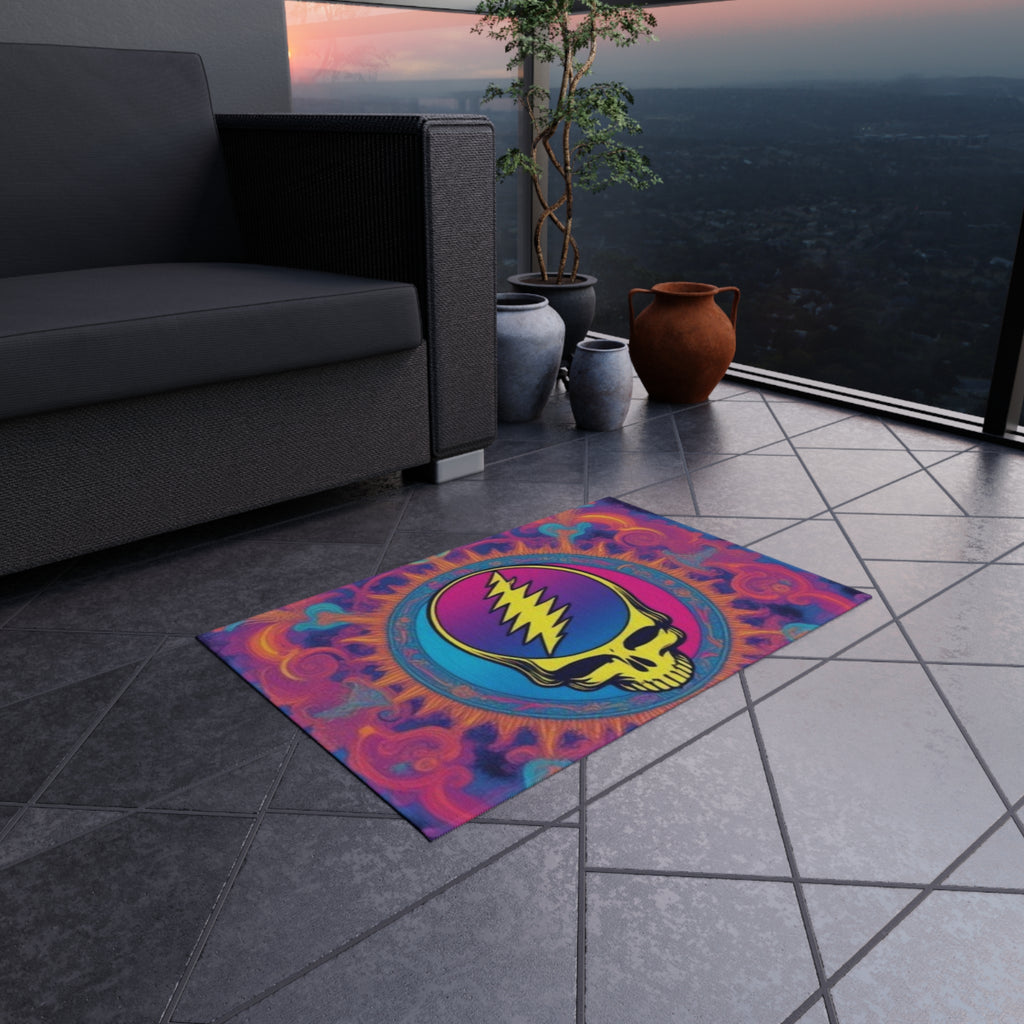 Psychedelic Lightning Skull Outdoor Rug | Colorful Mandala Doormat