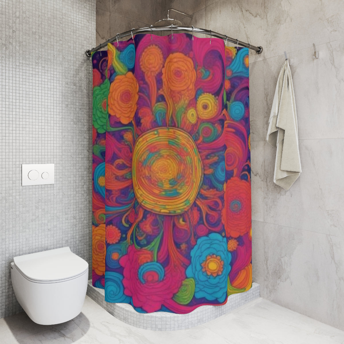 Psychedelic Floral Burst Shower Curtain | Colorful Retro Flower Pattern