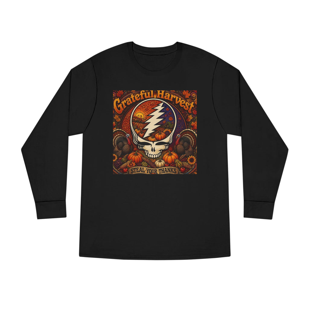 Grateful Harvest Skull with Lightning Bolt Long Sleeve Tee | Autumn Pumpkin Band Art, gift for deadhead, thanksgiving