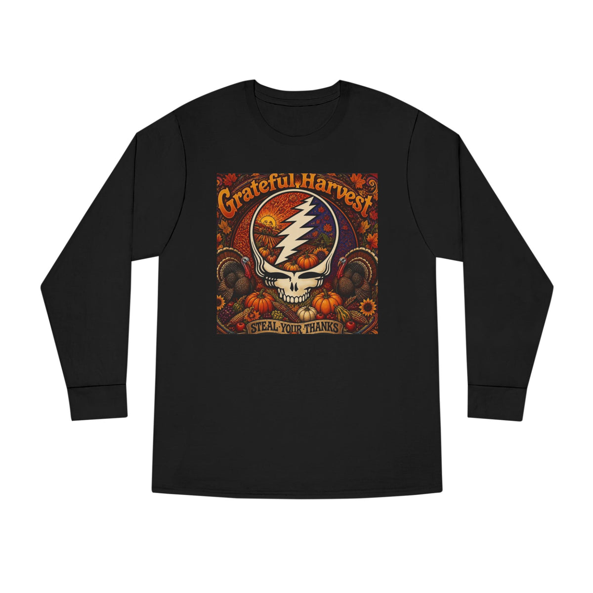 Grateful Harvest Skull with Lightning Bolt Long Sleeve Tee | Autumn Pumpkin Band Art, gift for deadhead, thanksgiving