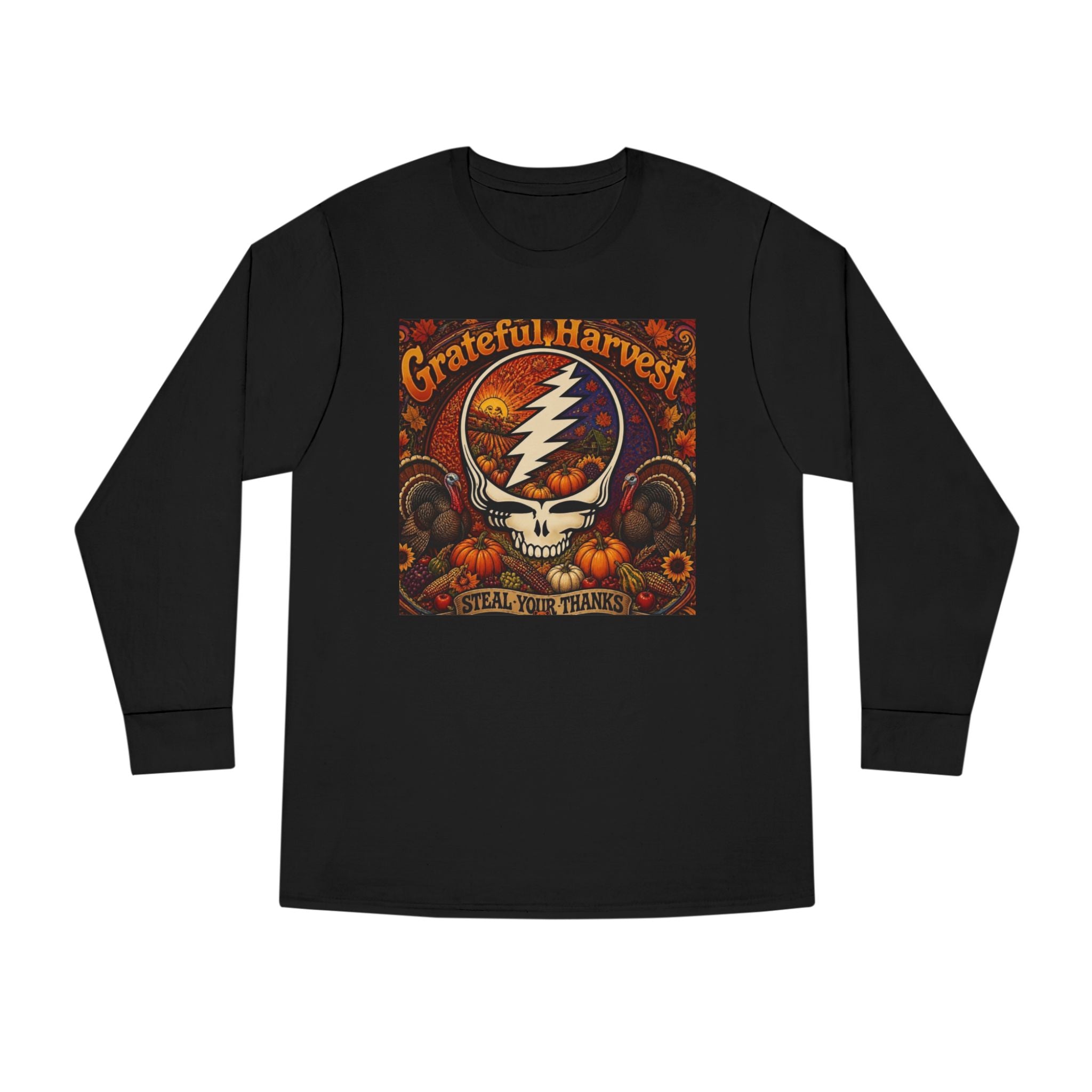 Grateful Harvest Skull with Lightning Bolt Long Sleeve Tee | Autumn Pumpkin Band Art, gift for deadhead, thanksgiving