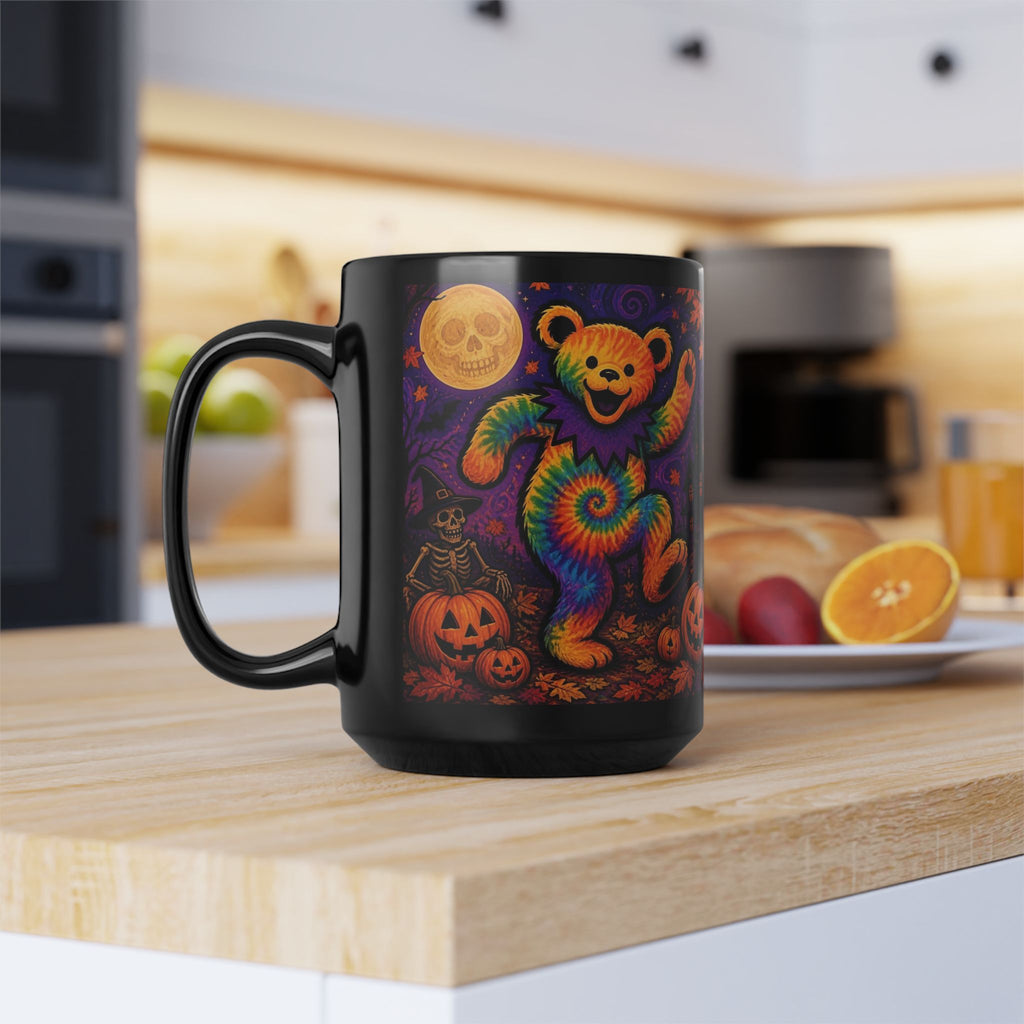 Tie-Dye Dancing Bear Halloween Mug, gift for a deadhead, Grateful Dead,  | 15oz Black Ceramic