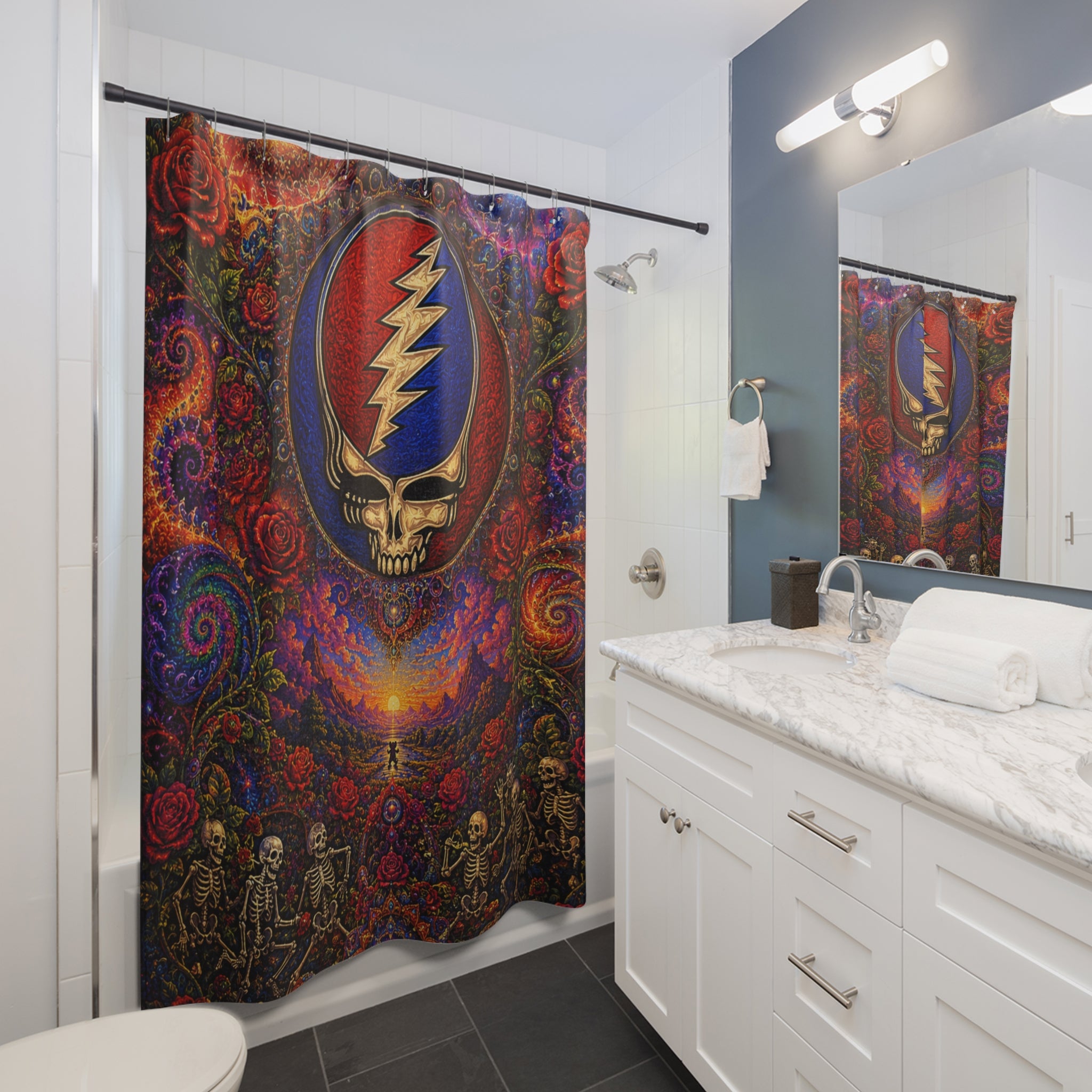 Steal Your Face Skull Lightning Shower Curtain | Psychedelic Grateful Dead Bath Decor