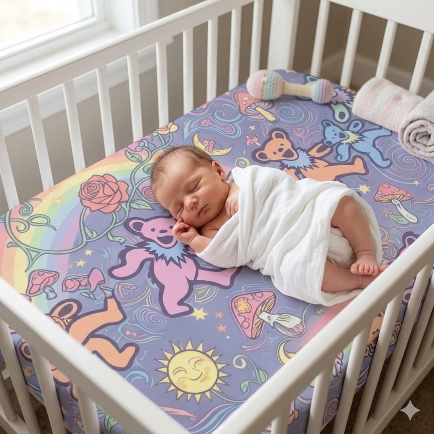 Gift for deadhead, new mom, Grateful Dead , Dancing Rainbow Bears baby fitted crib sheet | psychedelic nursery print