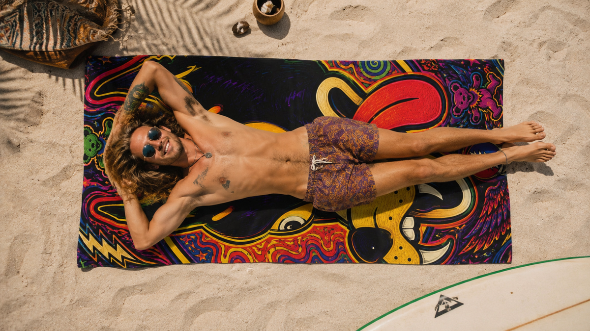 Psychedelic Dire wolf Grateful Dead  Beach Towel | Vibrant Trippy Dog Art, gift for deadhead